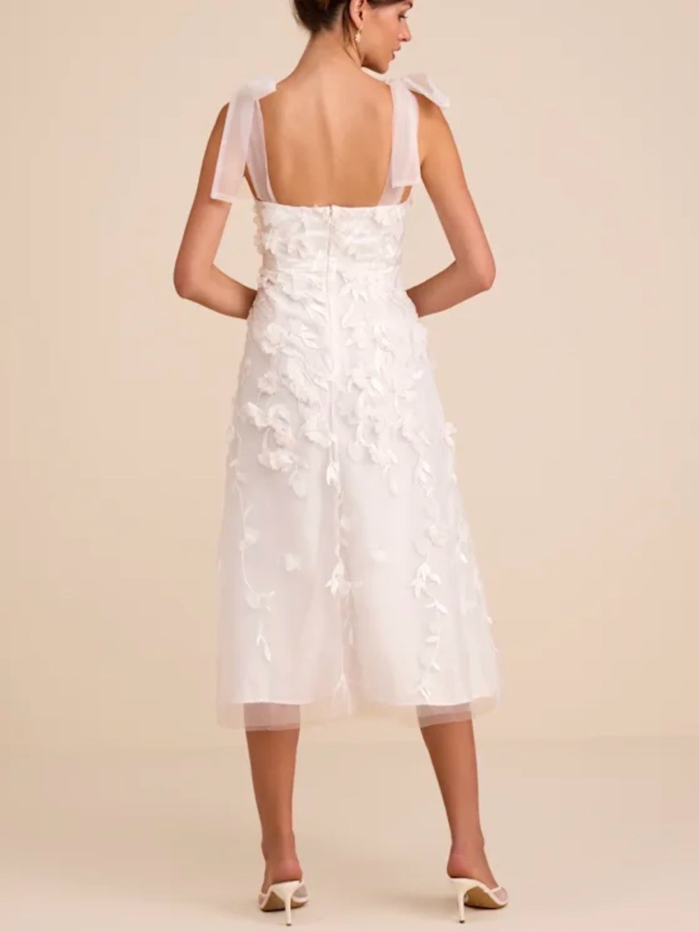 Lulus Effortlessly Sweet White Tulle 3d Floral Tie-strap Midi Dress - Size M - Picture 2 of 2